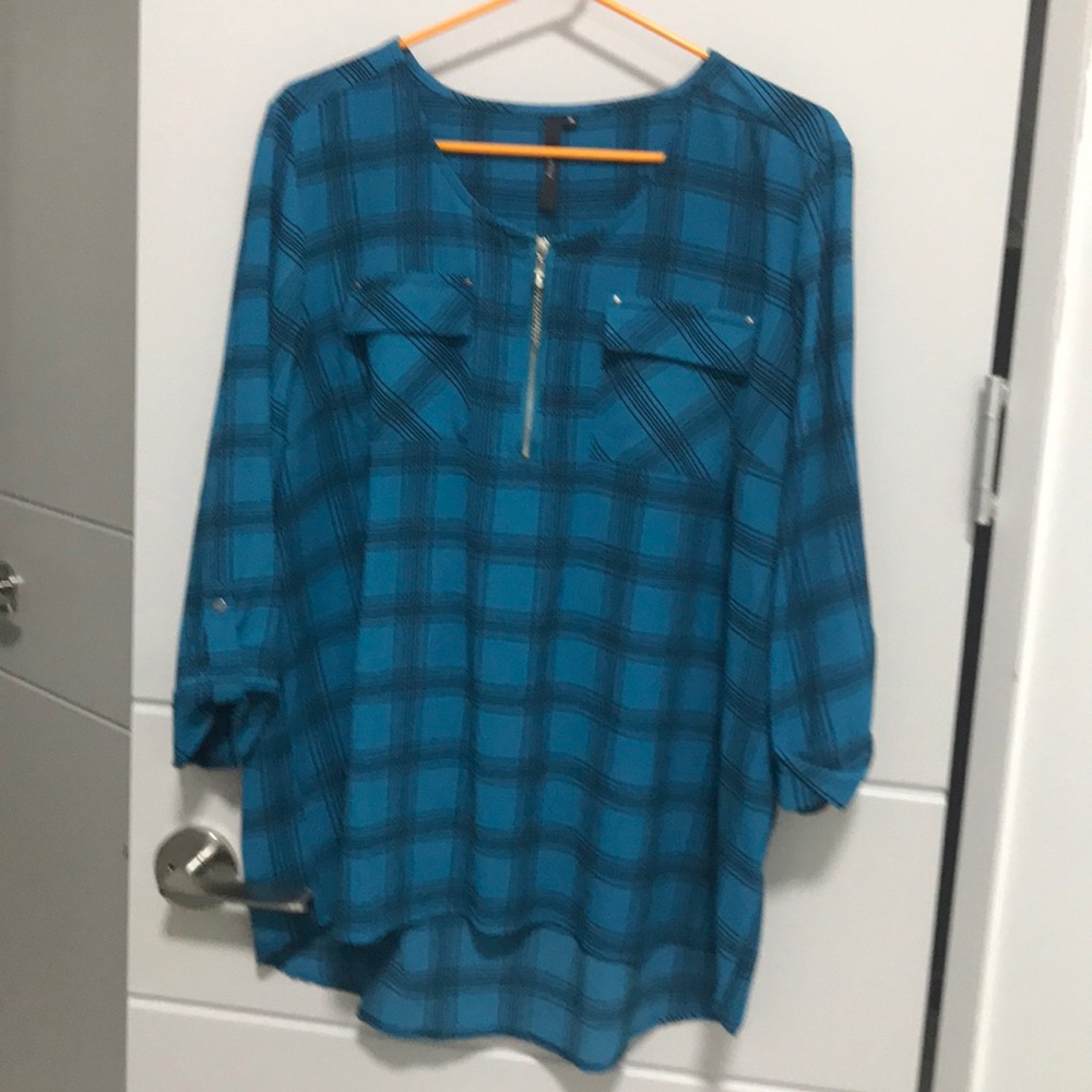 Cathy plaid teal blouse